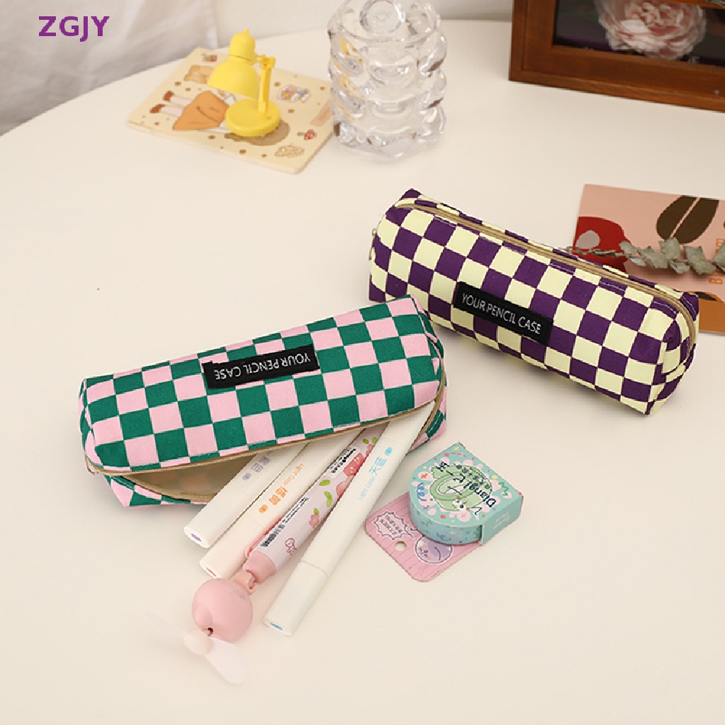 Túi Đựng Bút Chì / Mỹ Phẩm Bằng Vải Bạt Kẻ Sọc Caro Sức Chứa Lớn Sáng Tạo Mới