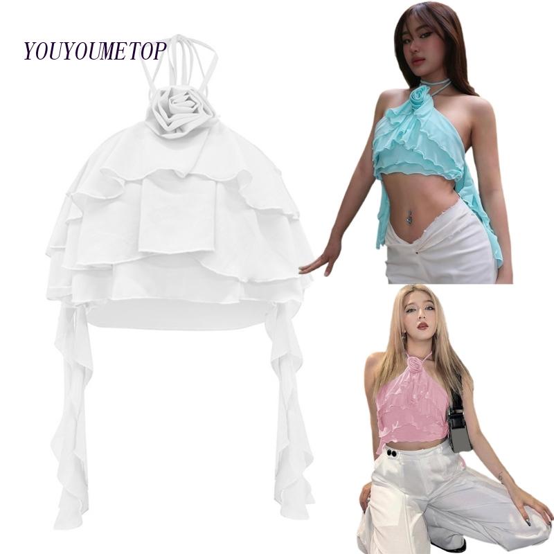 Áo Croptop Trễ Vai Phối Bèo In Họa Tiết Hoa 3D Thời Trang Quyến Rũ Cho Nữ