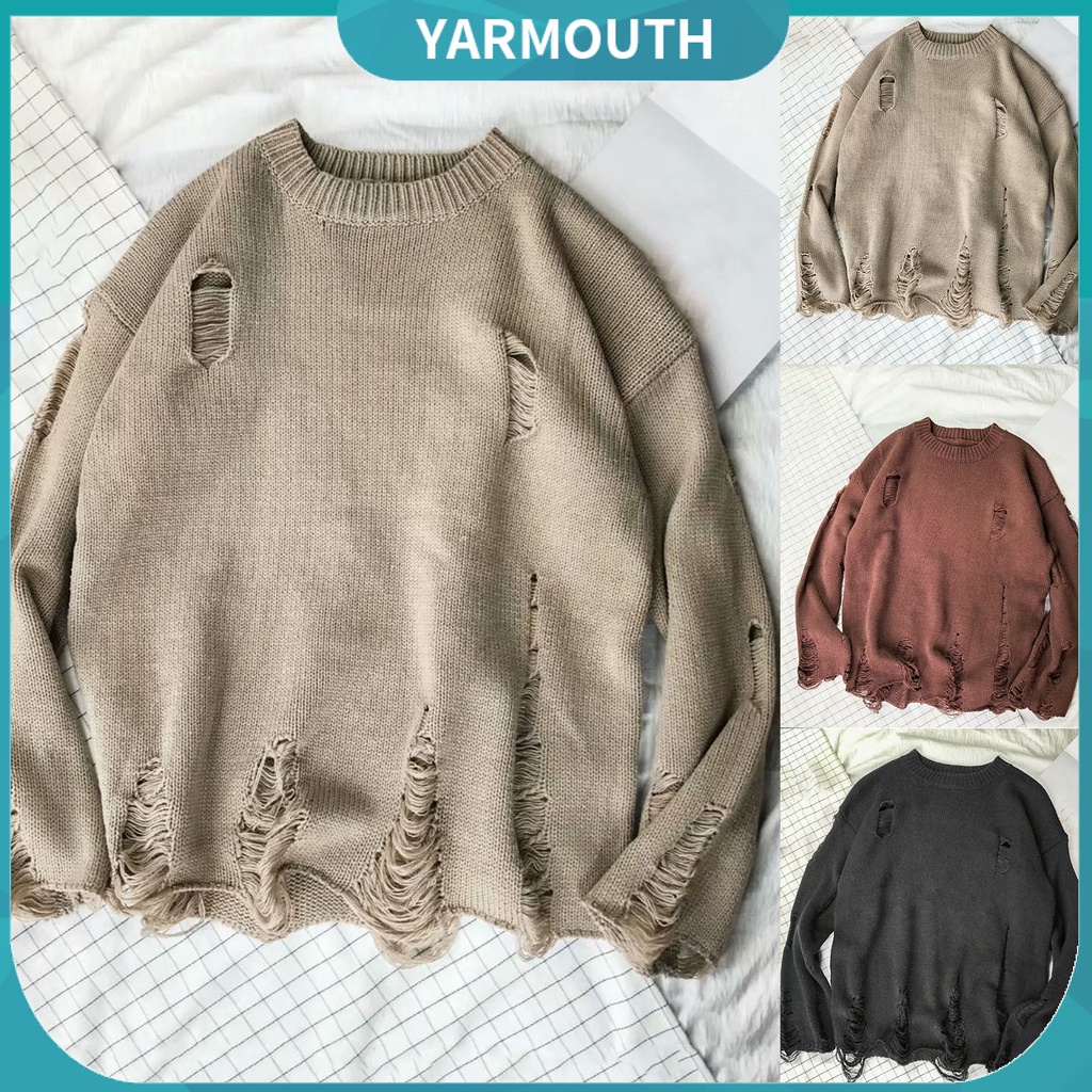 Áo Sweater YYR-Men Cổ Tròn Màu Trơn Thiết Kế Xẻ Rách Thời Trang Cho Cặp Đôi
