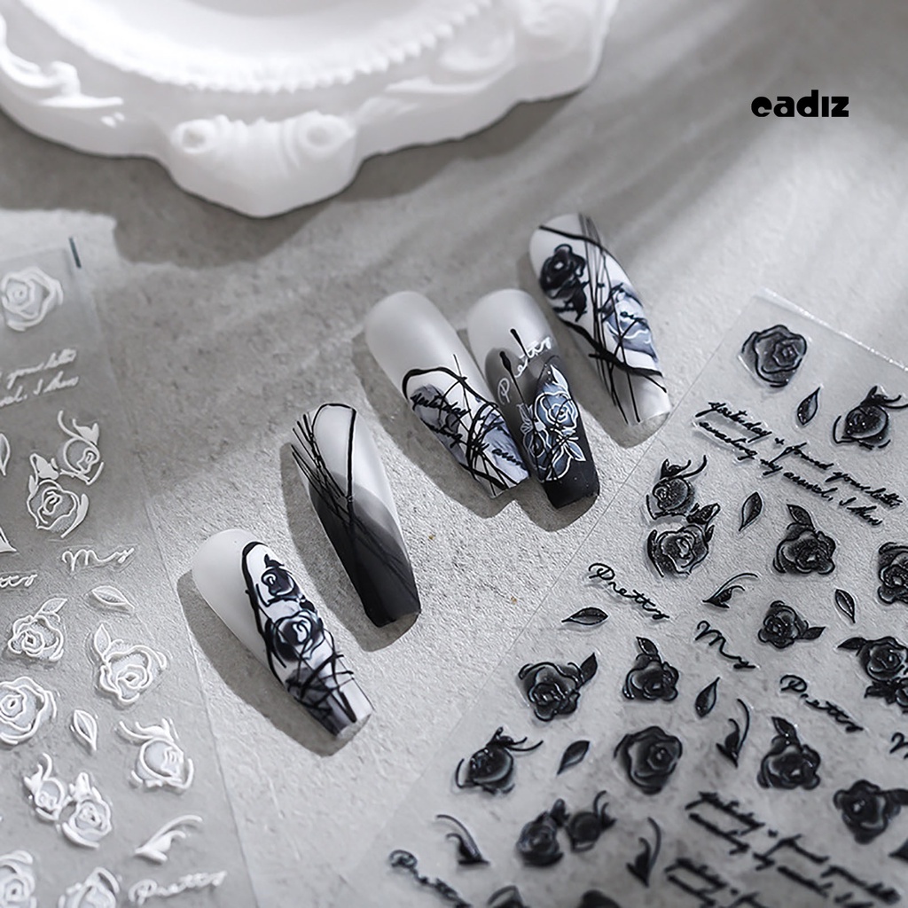 Miếng Dán Trang Trí Móng Tay Tự Dính Họa Tiết Hoa Hồng Trắng Đen Dùng Một Lần