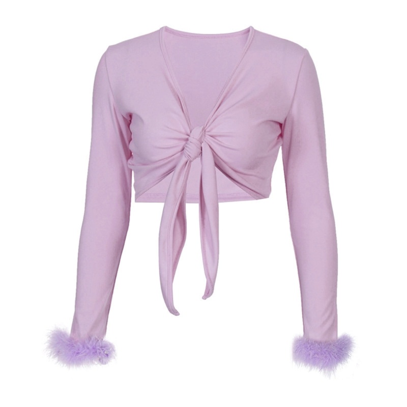 Áo Croptop Tay Dài Cổ Chữ V Phối Lông Thời Trang Quyến Rũ Cho Nữ
