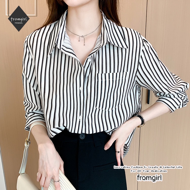 Áo Sơ Mi chiffon Tay Dài Dáng Rộng Họa Tiết Kẻ Sọc Thời Trang Mùa Xuân Mới