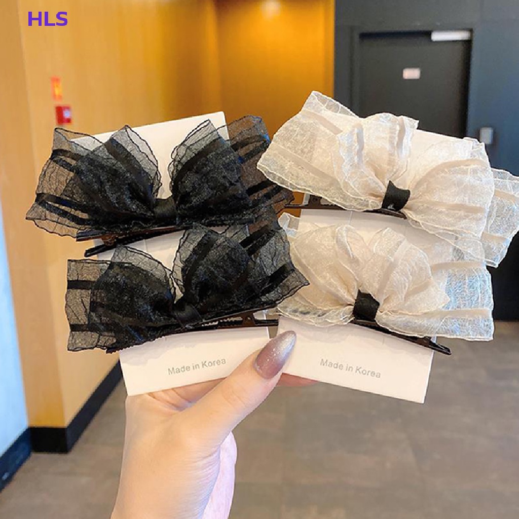 Set 2 Kẹp Tóc Nơ Phối Ren Màu Đen / Be Xinh Xắn Dành Cho Nữ