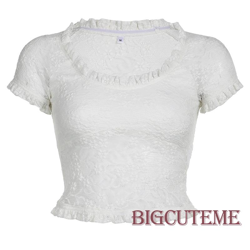 Áo Thun Crop Top Tay Ngắn Phối Ren Hoa Xuyên Thấu Thời Trang Mùa Hè Cho Nữ