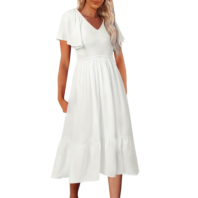 Đầm Dài Lưng Cao Co Giãn Màu Trơn Nhún Bèo Xinh Xắn