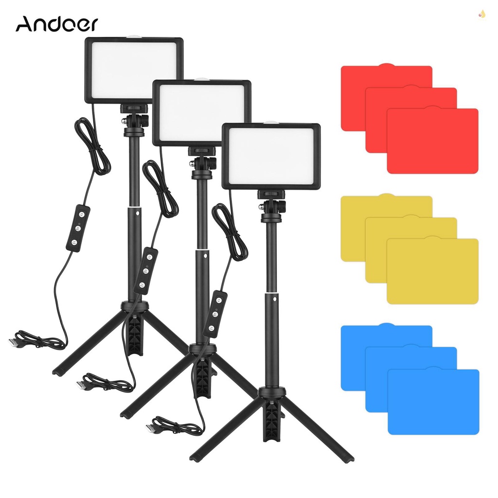 ANDOER Đèn LED 3 * 180K 5600K + 3 Chân Tripod Để Bàn Hỗ Trợ Quay Video Cổng Sạc USB° Bộ Chuyển Đổi Gắn Xoay Được + Bộ Lọc Màu Đỏ / Đỏ Yello 12 * 12 Màu