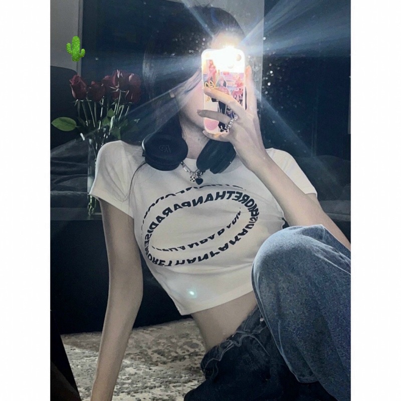 Áo thun croptop in chữ 2 vòng tròn, Áo thun tay ngắn in hình thời trang cá tính cho nữUk alohashop91