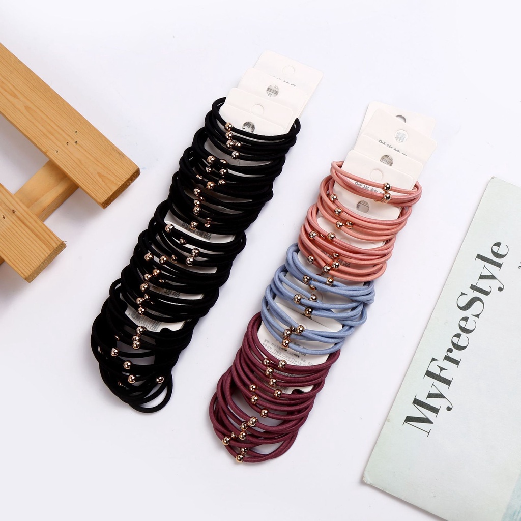 Set 4 Dây Cột Tóc Cao Su Co Giãn Đính Hạt Vàng Siêu Mịn Đơn Giản Phong Cách Hàn Quốc