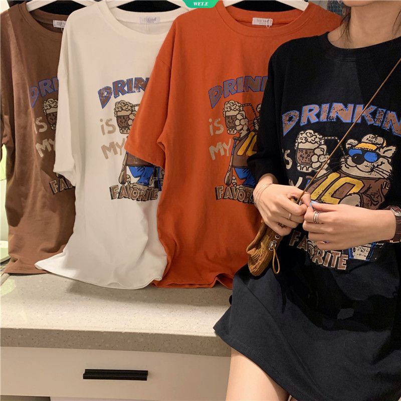 Áo Thun Cotton Ngắn Tay Dáng Rộng In Họa Tiết Đơn Giản Theo Phong Cách Mùa Hè Hàn Quốc 2023 Dành Cho Nữ