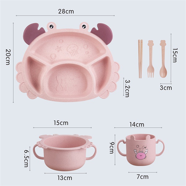 Combo khay ăn dặm, tô ăn , cốc uống nước cho bé kèm muỗng nĩa đũa cua con dễ thương lúa mạch + nhựa PP