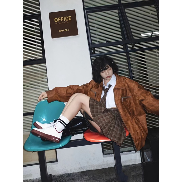 Áo Khoác Bóng Chày Da PU Dáng Ngắn Màu Nâu Cỡ Nhỏ Phong Cách Cổ Điển Thời Trang Xuân Thu Cho Nữ