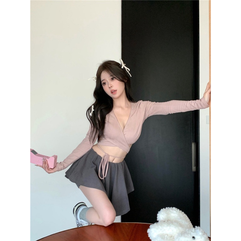 [F &amp; X] Bộ Đồ Múa Ba Lê Hai Mảnh Buộc Dây Ôm Dáng Phong Cách Hàn Quốc Thiết Kế Retro Độc Đáo Cho Nữ