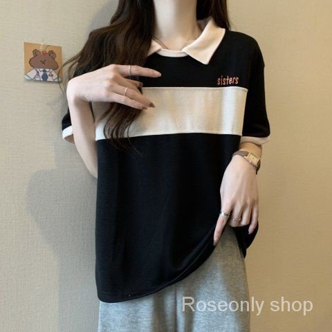 Áo Thun polo Giả Hai Mảnh Cotton Dáng Rộng Tay Ngắn Phong Cách Preppy Mùa Hè Dễ Phối Đồ Cho Nữ