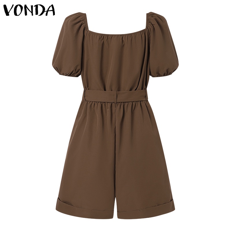 Áo liền quần VONDA tay ngắn phồng cổ chữ V màu trơn thời trang Hàn Quốc cho nữ