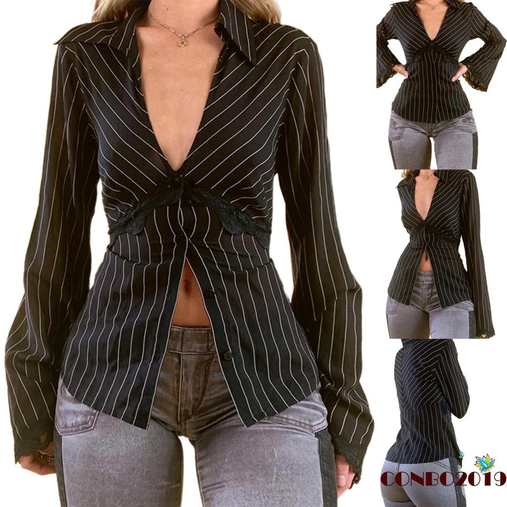 Áo Thun Tay Loe Cổ Chữ V Họa Tiết Kẻ Sọc Thời Trang Dành Cho Nữ