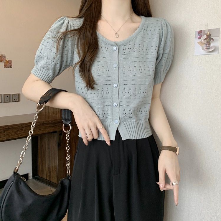 Áo Cardigan Dệt Kim Tay Ngắn Phồng Thời Trang 2023 Cho Nữ