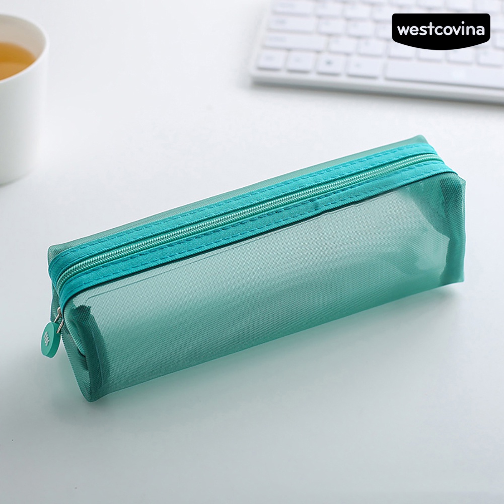 [COD]♪Túi Lưới Đựng Bút Trong Suốt Màu Trơn Có Khóa Kéo Tiện Dụng Cho Học Sinh
