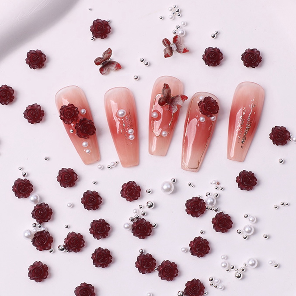 Set 2 Túi Phụ Kiện Trang Trí Móng Tay Nghệ Thuật Hình Hoa Hồng Bằng Nhựa Resin DIY