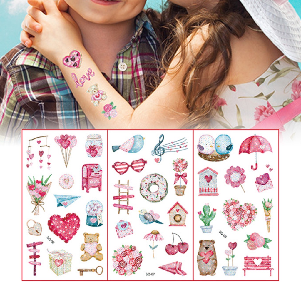 Bộ 10 Miếng Dán Hình Xăm Nhiều Màu Sắc Lấp Lánh Chống Thấm Nước Tự Dính Trang Trí Ngày Valentine Thời Trang