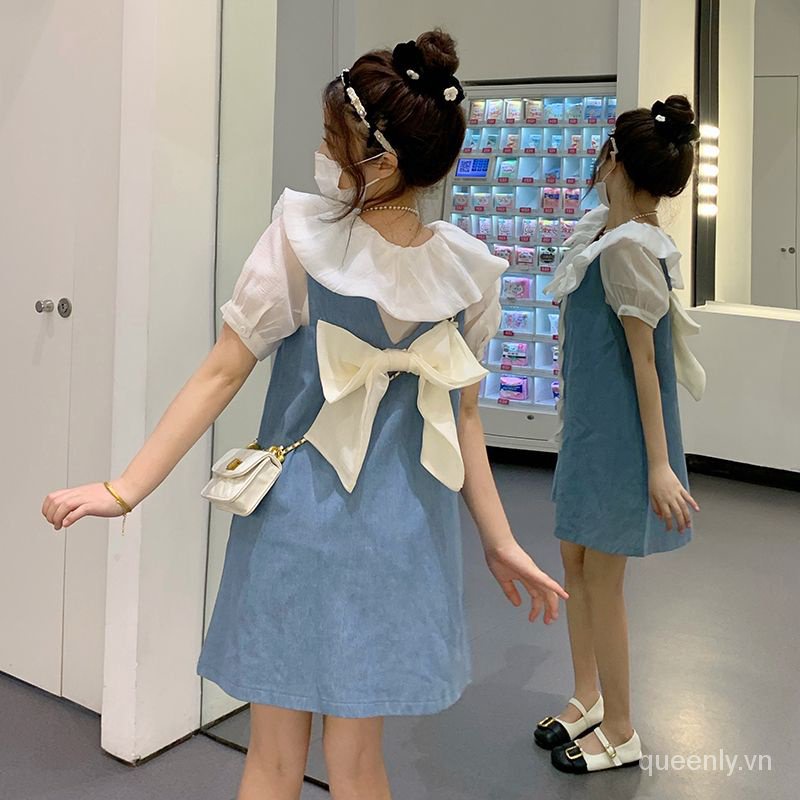 Bộ Áo Sơ Mi Cổ Búp Bê Phối Chân Váy Yếm Denim Thời Trang Mùa Hè 2023 Mới Cho Nữ
