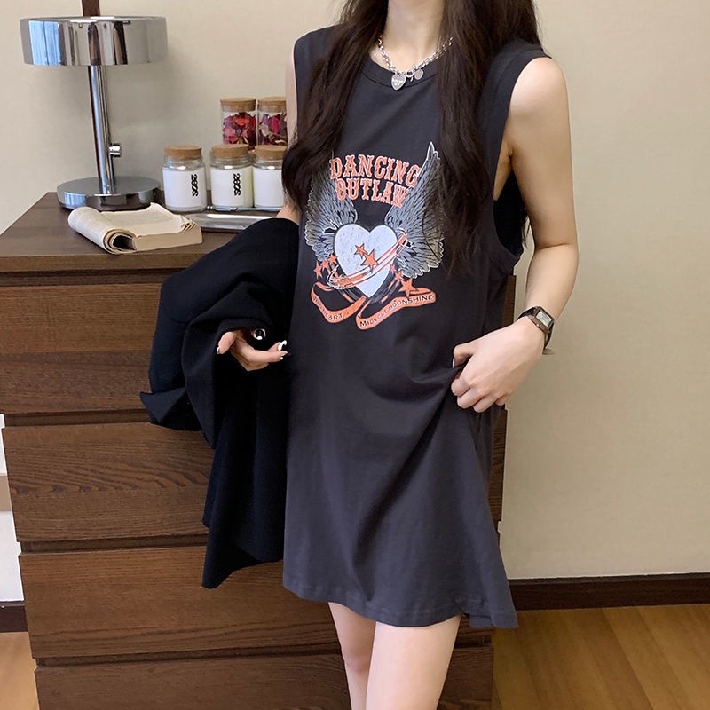 COZOK Đầm Lửng Không Tay Dáng Rộng In Họa Tiết Thời Trang Gợi Cảm Dành Cho Nữ