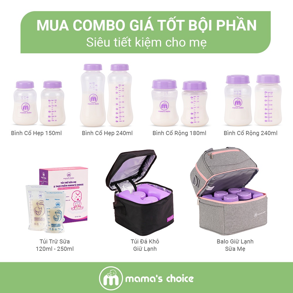 Bình Trữ Sữa Cổ Hẹp Mama's Choice 150ml–240ml, Bình Đựng Sữa Tương Thích Máy Hút Sữa Medela, Unimom, Real Bubee, Ameda