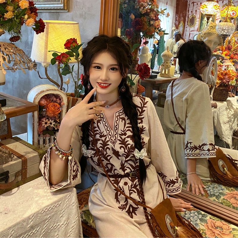 Đầm Dài Vải Lanh Cotton Thêu Họa Tiết Phong Cách Dân Tộc Bohemian Thời Trang Cho Nữ