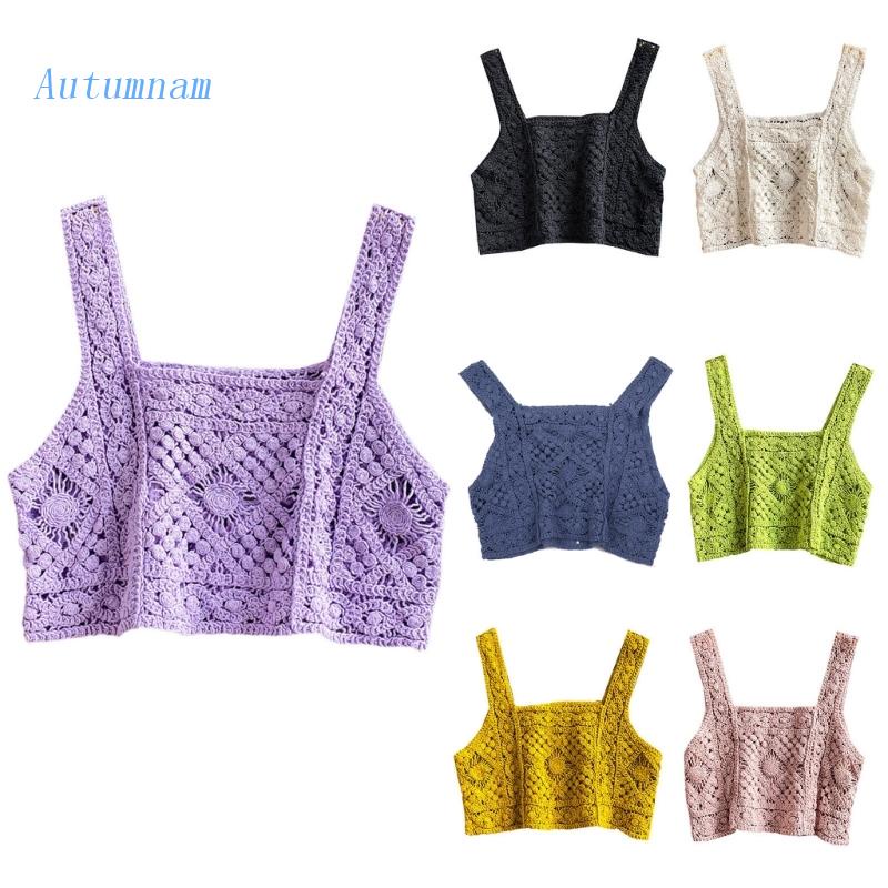 Áo Croptop Dệt Kim Không Tay Cổ Vuông Họa Tiết Hình Học Khoét Lỗ Thời Trang Mùa Hè Cho Nữ