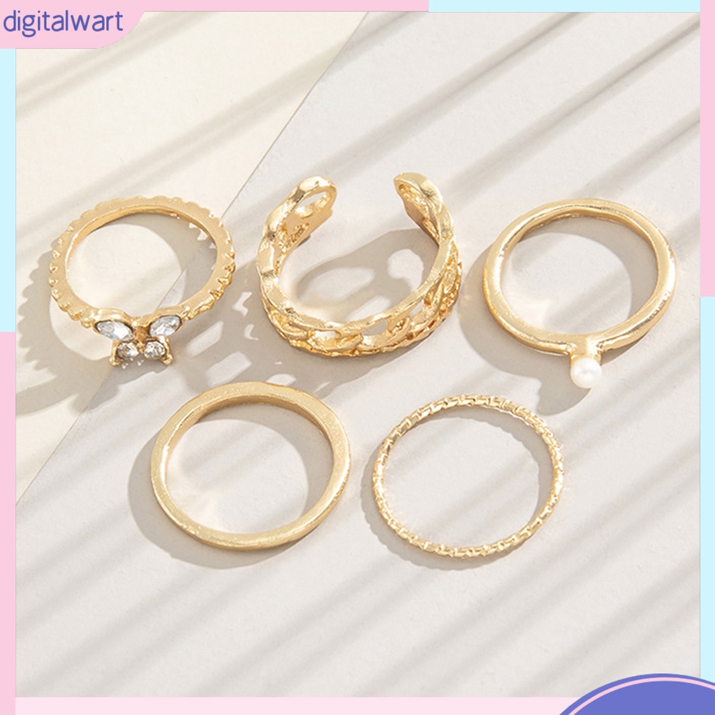 Bộ 5 Nhẫn Đeo Đốt Ngón Tay Hình Bướm Đính Ngọc Trai Giả Phong Cách Vintage Cho Nữ