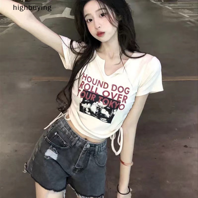 Áo Thun Lửng Ngắn Tay Cổ Chữ V In Chữ Phong Cách Retro Cho Nữ