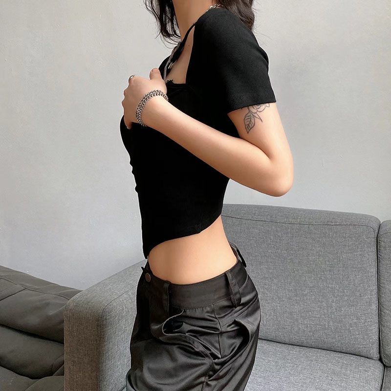 Áo Thun Tay Ngắn Thiết Kế Khoét Lỗ Phối Dây Xích Phong Cách Mới Thời Trang Mùa Hè Cho