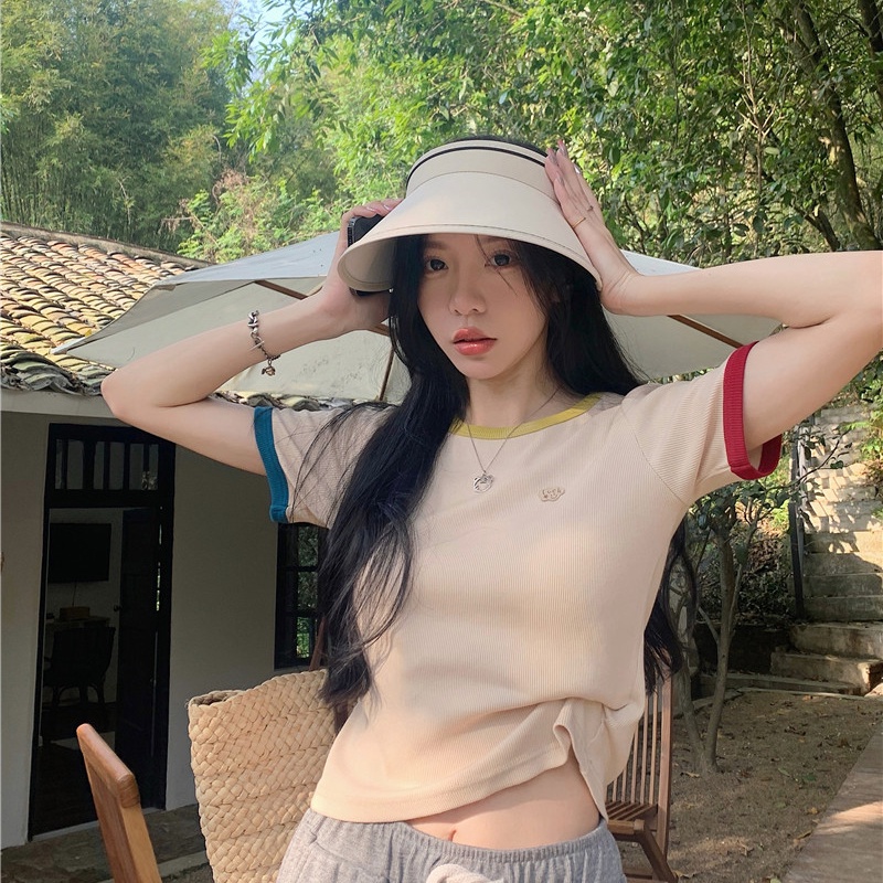 Áo Dệt Kim Ngắn Cổ Tròn Màu Sắc Tương Phản Phong Cách Hàn Quốc Thời Trang Mùa Hè Xinh Xắn Cho Nữ