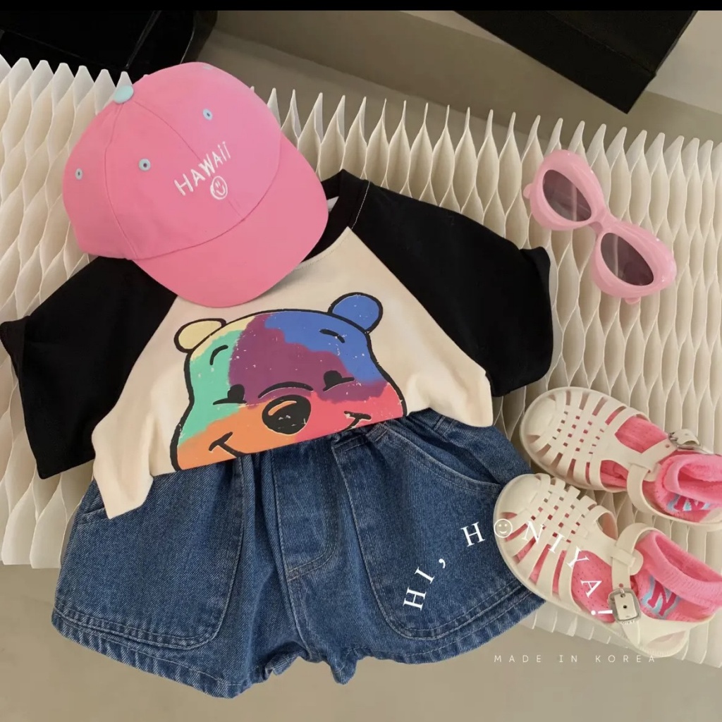 Bộ Đồ Thể Thao Áo Thun Tay Ngắn 50% Phối Quần Short Denim Kiểu Hàn Quốc Thời Trang Mùa Hè Cho Bé Gái 5 Tuổi