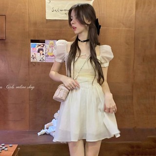 Beauty Đầm Váy Nữ Dịu Dàng Gió Lưới Sợi Thắt Lưng Nàng Tiên Váy Bồng Ngắn Váy Kiểu Pháp Bong Bóng Tay Áo [hàng Oder]