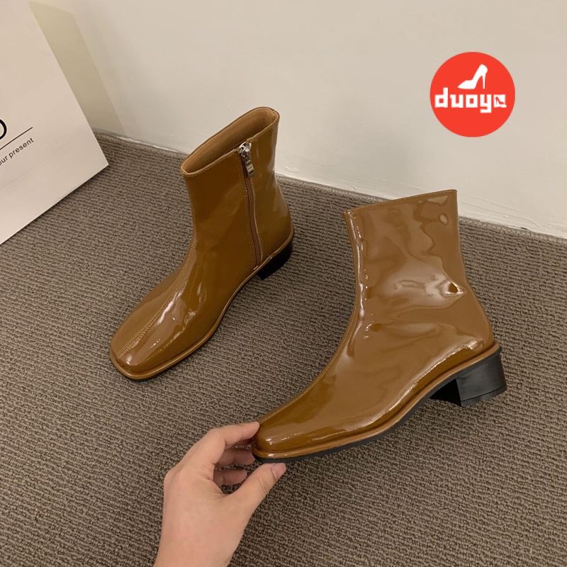 Duoya Tóc Thẳng ~ [Phong Cách Retro] Giày Bốt Martin Da Bóng Gót Vừa Dày Mũi Vuông Phong Cách Anh Quốc