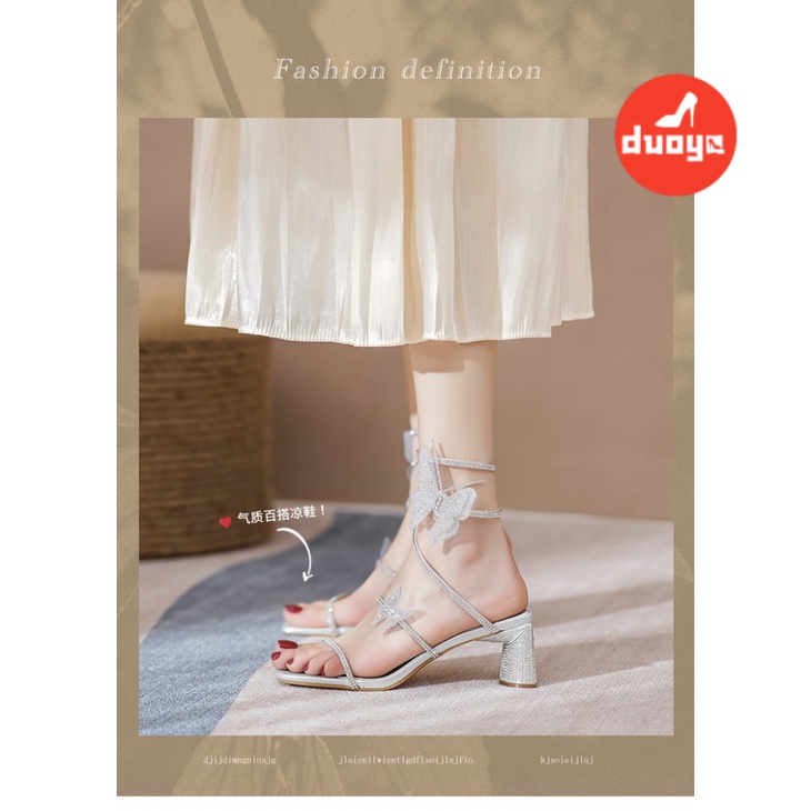 Duoya Tóc Thẳng ~ [Hàng Có Sẵn] Giày Sandal Cao Gót Một Dây Quấn Đế Dày Đính Đá Mùa Hè Cho Nữ Miễn Phí Vận Chuyển