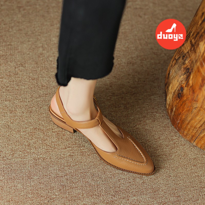 Duoya Giày Sandal Mũi Nhọn Gót Dày Phẳng Quai Da Mềm Dễ Phối Đồ Thời Trang Cho Nữ