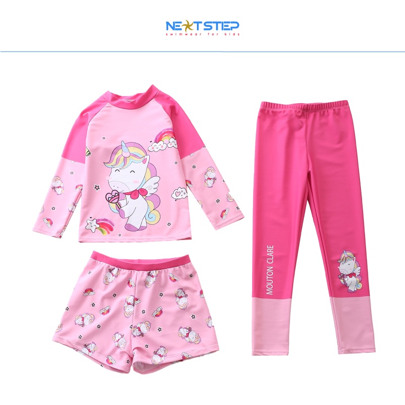 Đồ bơi bé gái, tay dài quần dài chống nắng, set 3 món, chất vải mềm mại, co giãn có size cho bé từ 14kg đến 34kg