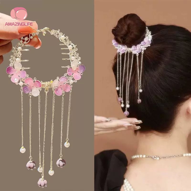 Kẹp Tóc Hình Hoa Đính Ngọc Trai / Đá Thạch Anh Tím Phong Cách Retro Đơn Giản / Thanh Lịch