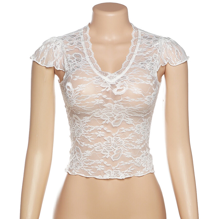 Weird Puss Áo Thun Lửng Ngắn Tay Phối Ren Phong Cách Quyến Rũ Dành Cho Nữ