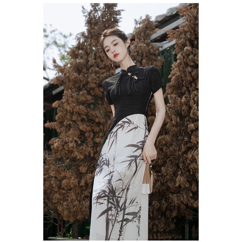 Đầm Sườn Xám Tay Ngắn Màu Đen Phối Ruy Băng Họa Tiết Mực In Phong Cách Trung Hoa Thời Trang Cho Nữ Size S - XXL