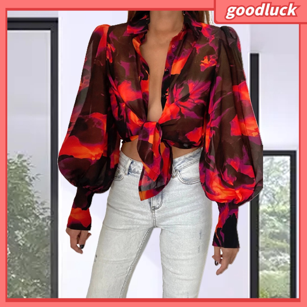 [ULK] Áo Sơ Mi Tay Phồng In Hoa Cổ Bẻ Cài Một Hàng Nút Rộng Phong Cách Vintage Cho Nữ