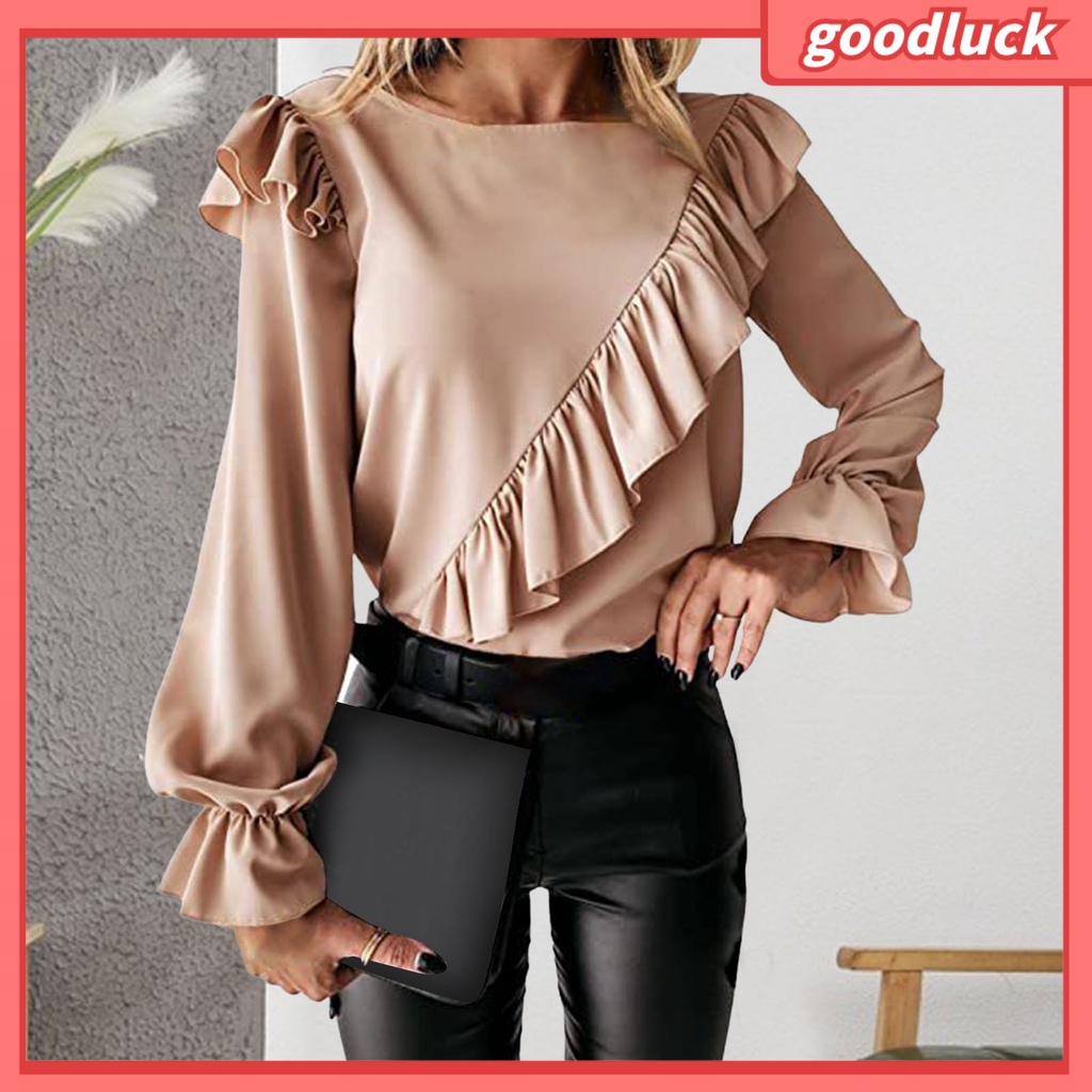 Áo Thun Tay Dài Cổ Tròn Phối Bèo Màu Sắc Trơn Phong Cách Đường Phố Thời Trang Mùa Thu Cho Nữ