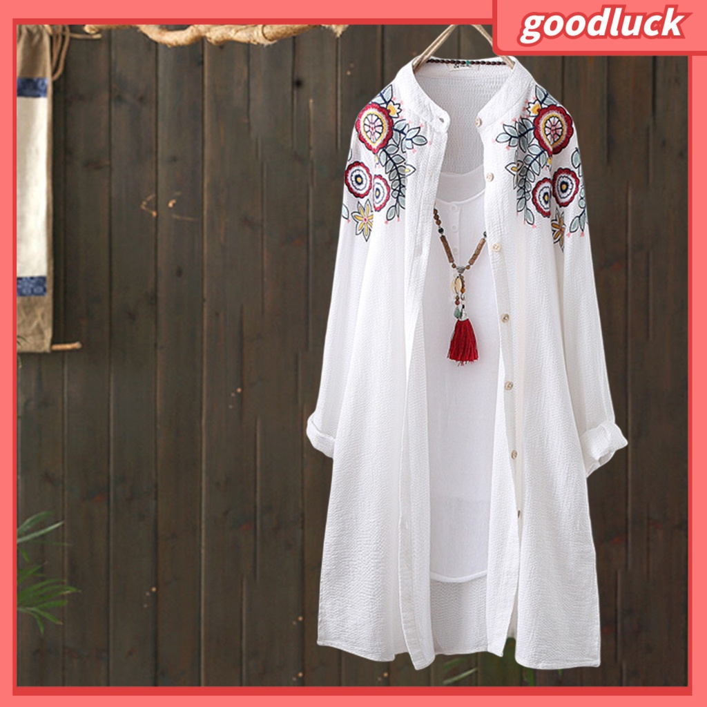 [ULK] Áo Sơ Mi Dài Tay Cổ Đứng Xẻ Một Bên Hông Thêu Họa Tiết Phong Cách Trung Hoa Đường Phố Cho Nữ