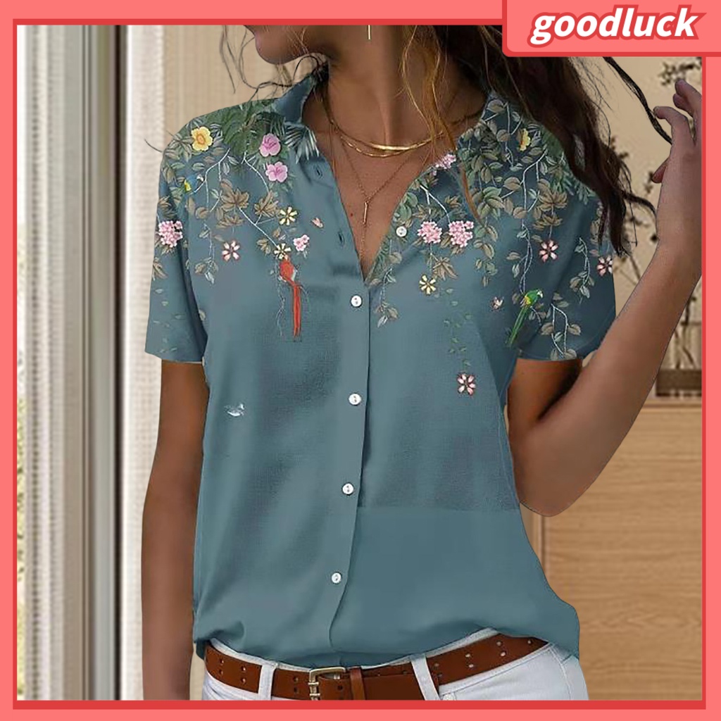 Áo Sơ Mi Tay Ngắn Cổ Bẻ Cài Khuy In Họa Tiết Hoa Thời Trang Mùa Hè Xinh Xắn Cho Nữ