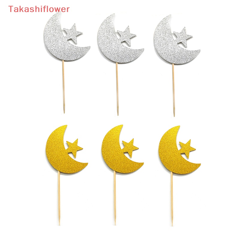 Set 12 Que Cắm Trang Trí Bánh Sinh Nhật Hình Ngôi Sao / Mặt Trăng Màu Vàng / Bạc