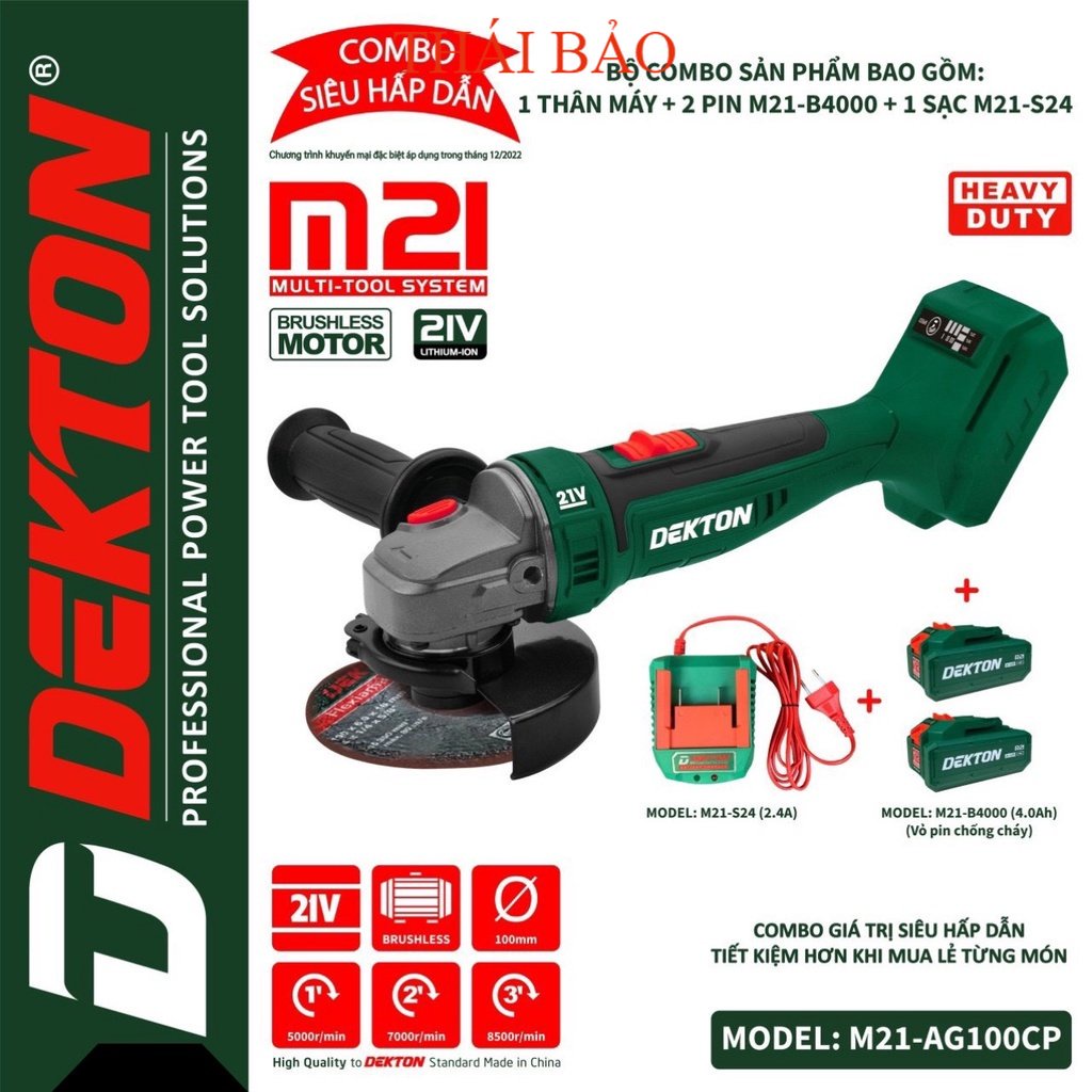 Máy Mài Compact Dùng Pin Dekton 100mm Motor Brushless / M21-AG100CP / Chân Pin Phổ Thông CHẤT L THÁI BẢO
