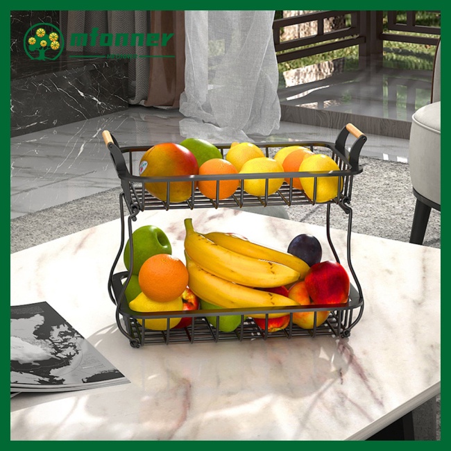 Rổ Đựng Trái Cây 2 Tầng Bằng Dây Kim Loại Có Tay Cầm Bằng Gỗ