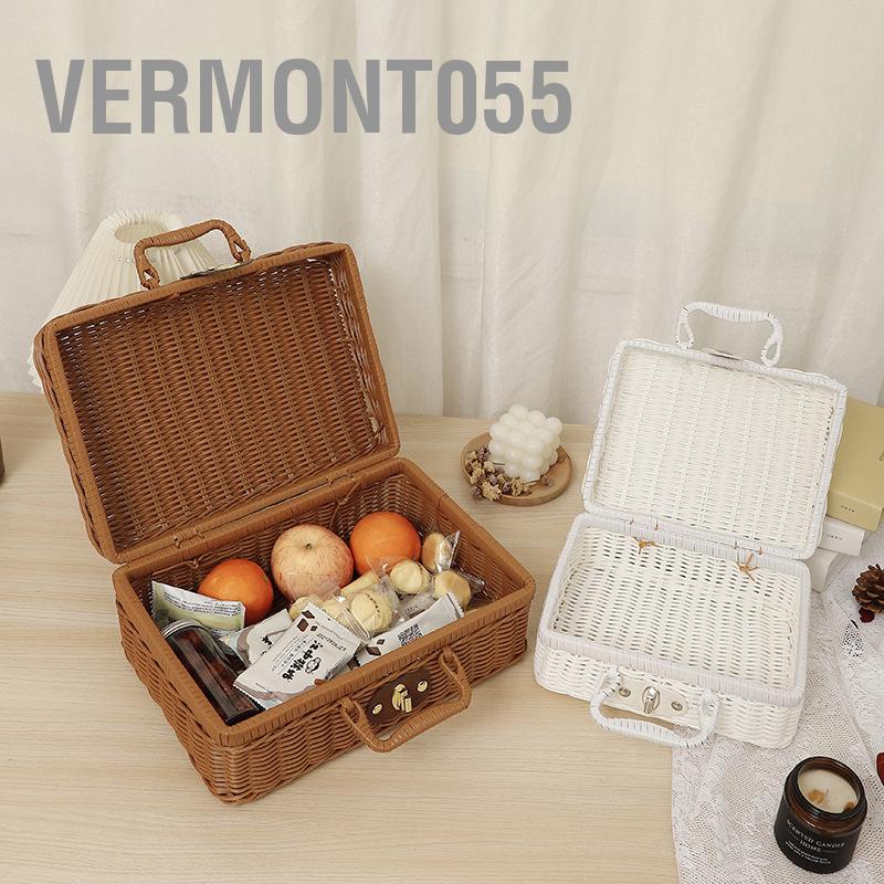 Vermont055 Hộp dã ngoại dệt bằng mây nhựa lưu trữ kiểu cổ điển không mùi có tay cầm hình vòng cho ngoài trời