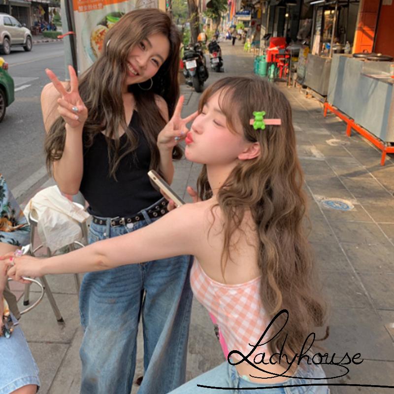 Áo Croptop Hai Dây Không Tay In Họa Tiết Caro Thời Trang Mùa Hè Cho Nữ